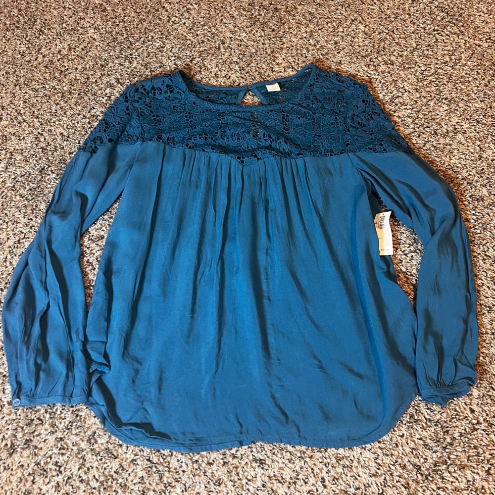 Old Navy Teal Lace Top Long‎ Sleeve Blouse Casual Flowy Boho Small